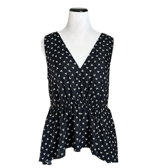 LEWIT Women’s Printed Black Silk Tank Top with ruffle peplum hem Size XL - Picture 1 of 10